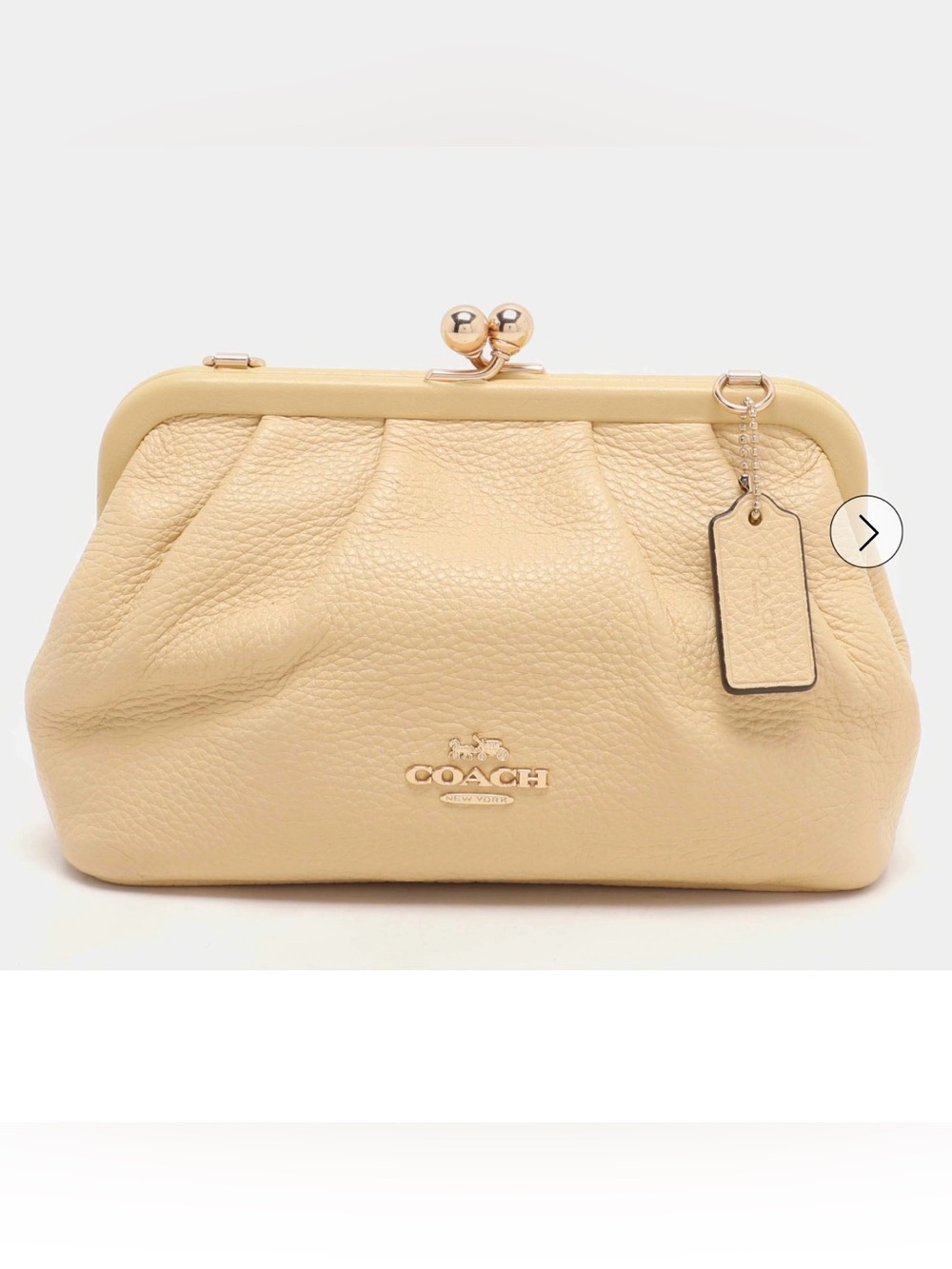 Coach Pale Yellow Pebbled Leather Kiss-Lock Clutch Crossbody Bag with Chain